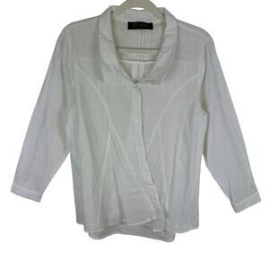O-nelue White 100% Cotton 3/4 Sleeve Collared Asymmetrical Button Up Size L